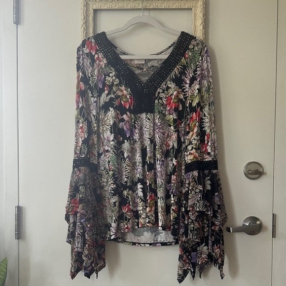 CUPIO | Boho Black Floral Women's Top with Trumpet Bell Sleeves and Lace Details - Picture 2 of 10